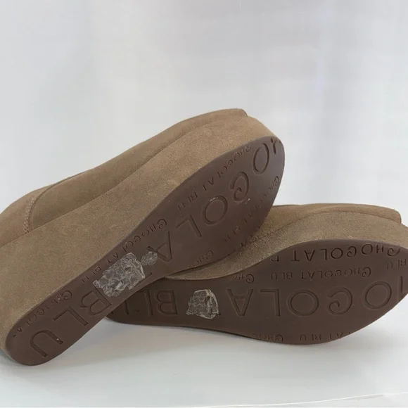 Chocolat Blu Wind Tan Leather Platform Wedge Peep Toe Sandals, Women’s Size 8 - Picture 5 of 9